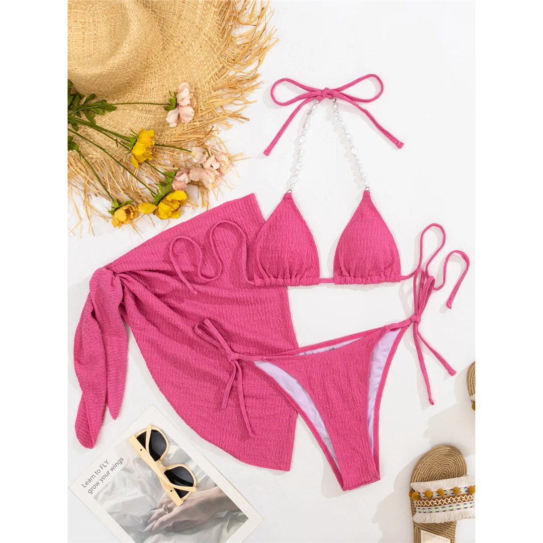 Mit Sarong, weißen Perlen, gerafftem Bikini, Damen-Badebekleidung, dreiteiliges Bikini-Set, Damen-Badeanzug, Badebekleidung, Badeanzug, Modell V5593. – Detail 28