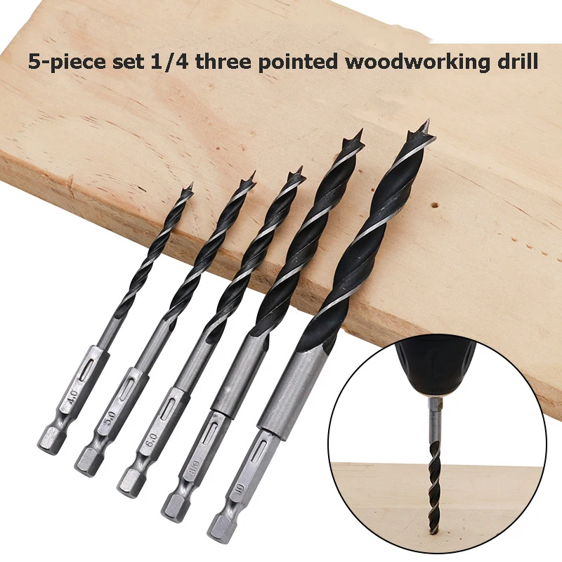 5-piece set of 1/4 hexagonal handle three pointed woodworking drill 4/5/6/8/10mm suitable for drilling wood and metal holes