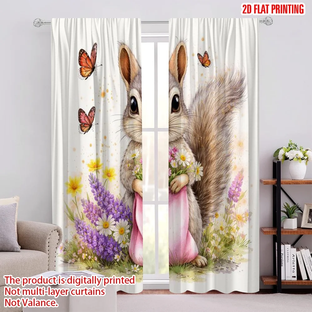 2D flat printing 2pcs Curtain Party Curtains Spring Squirrel with Flowers Digital Printed Polyester Drapes Birthday Party