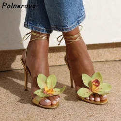 Flower Cross Tied Sandals Round Toe Thin Heels Lace Up Ankle Band Shoes Summer Lovely Sexy Boat Orchids Fashion Summer Shoes