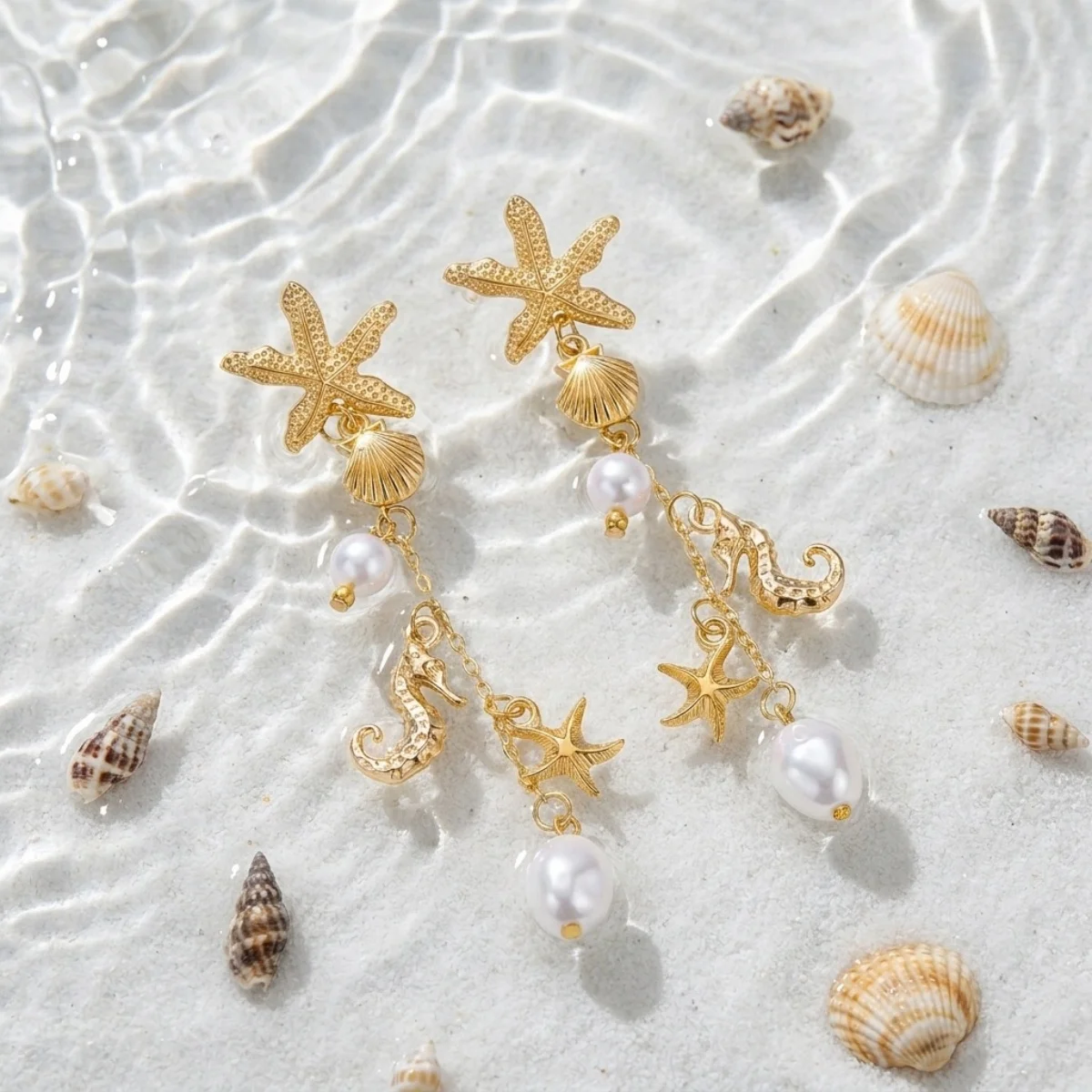 Ozean-Urlaub Seestern Muschel Seepferdchen Imitationsperlen Tropfenohrringe für Damen und Herren Böhmische Muschelohrringe Sommer Strand Schmuck – Detail 19