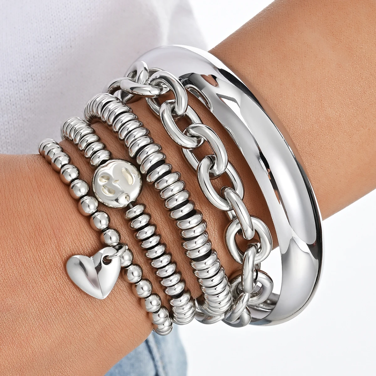 5Pcs Silver Heart Beaded Bracelet Set for Women Exaggeration Chain Stackable Bangle Set Daily Party Trendy Fashion Jewelry Gifts