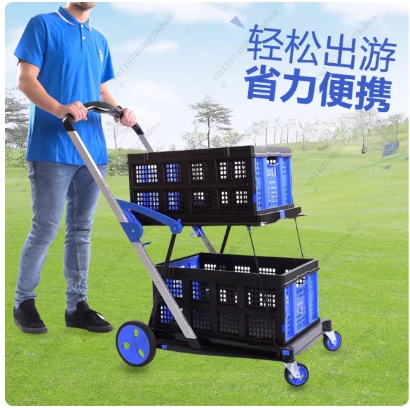 Folding Double-decker Cart Supermarket Shopping Home Shopping Small Pet  Portable Trolley