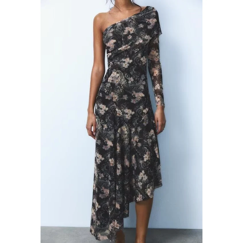 Early Autumn New Arrival Women's Fashion Asymmetric Silk Net Dress H Version Long Sleeve Polyester Fiber City Commute Suitable