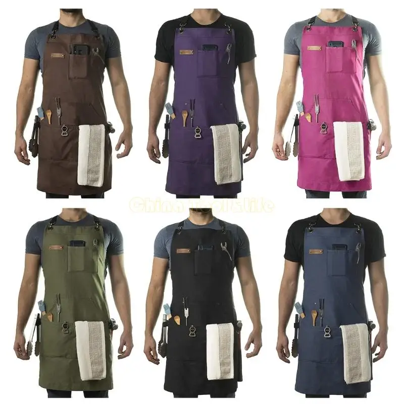 57QF Stenffy Professional Work Apron Heavy Duty Canvas, Adjustable Cross Back Weight, Multiple Pockets for Men's and Women's