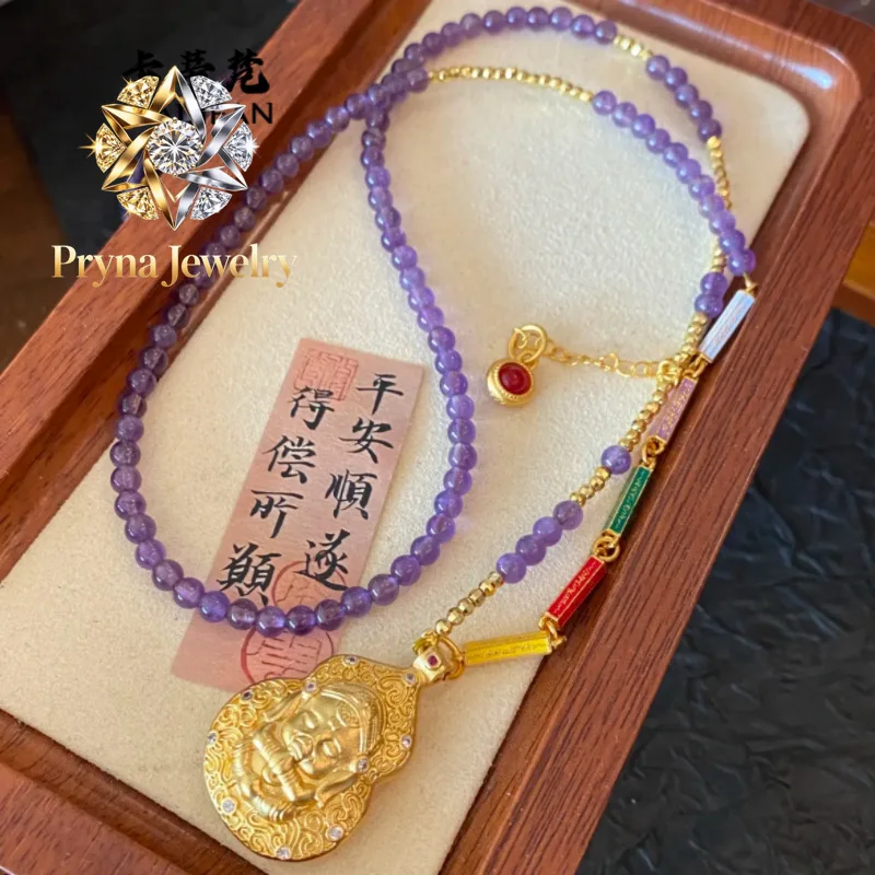 Pryna Jewelry  Light luxury fashion 999 24K real gold elephant god pendant scripture amethyst sweater chain women's long necklac