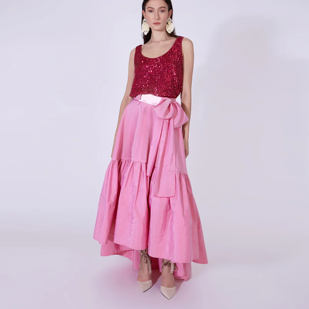 Trendy Pink High Low Evening Skirt with Sash Ruffles Puffy Taffeta Maxi Skirts with Pocket Ruffled Asymmetrical Prom Party Skirt