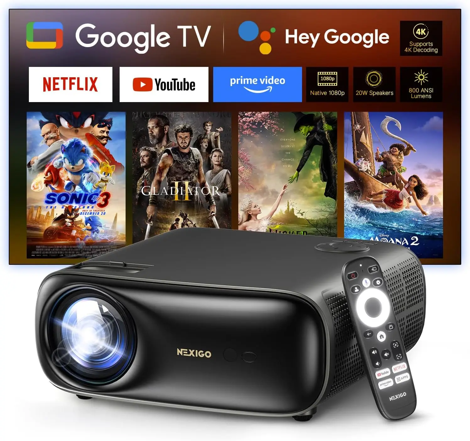 

NexiGo PJ40 Ultra Outdoor Projector, Compatible with Netflix/YouTube/Prime Video, 800 ANSI Lumens, AI Image Enhancement, Native