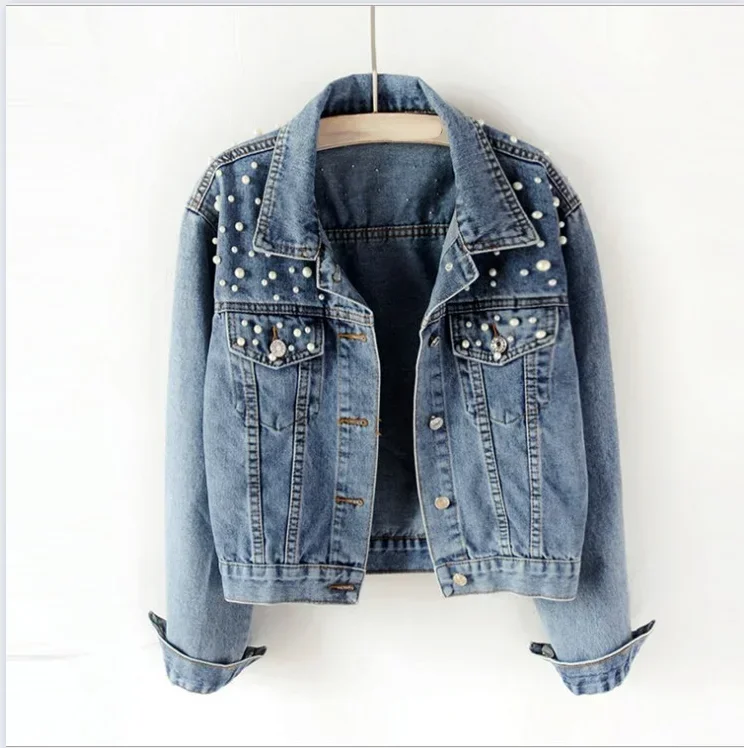 2024 New Design Women's Short Denim Coat Pearl Beaded Jacket, Casual and Comfortable