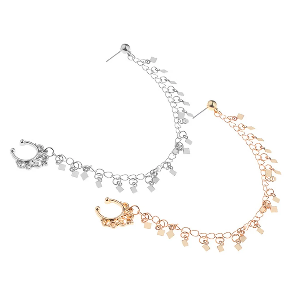2Pcs Rhombus Tassel Ear to Nose Clip Chain Nose Ring Stud Punk Style Dangle Earrings Jewelry for Photography
