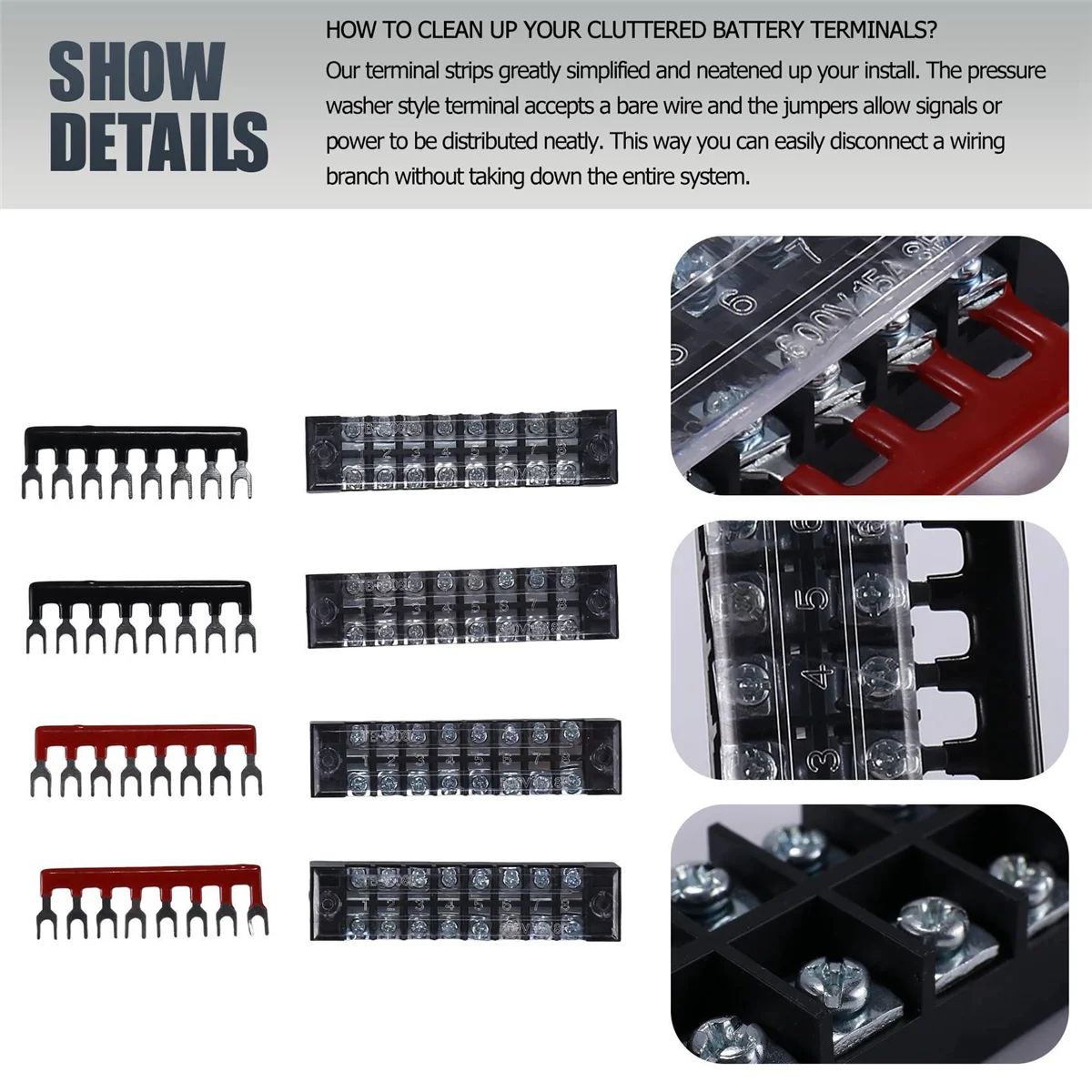 

BVBV 4 Pc 8P Terminal Block, 4 Pc 8P Shorting Bar, TB1505 Flame Retardant Copper Terminal Short-Circuit Terminal