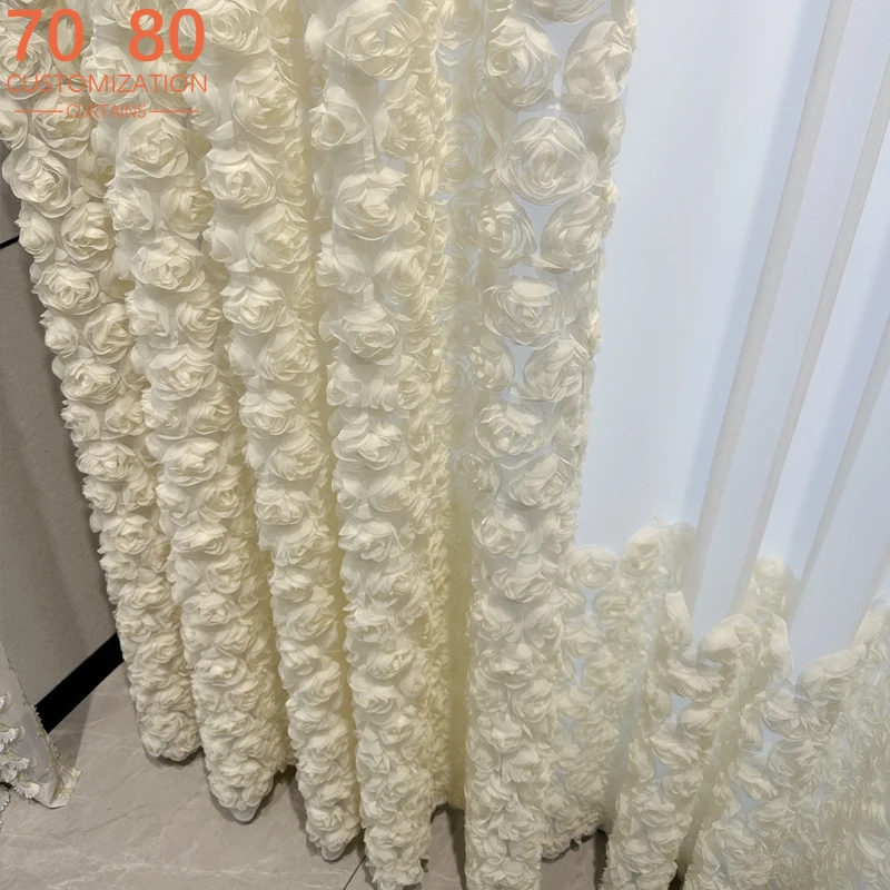 Romantic Rose Three-dimensional Relief White Gauze Curtains for Living Room Bedroom Windows Balcony Bay Window Customization