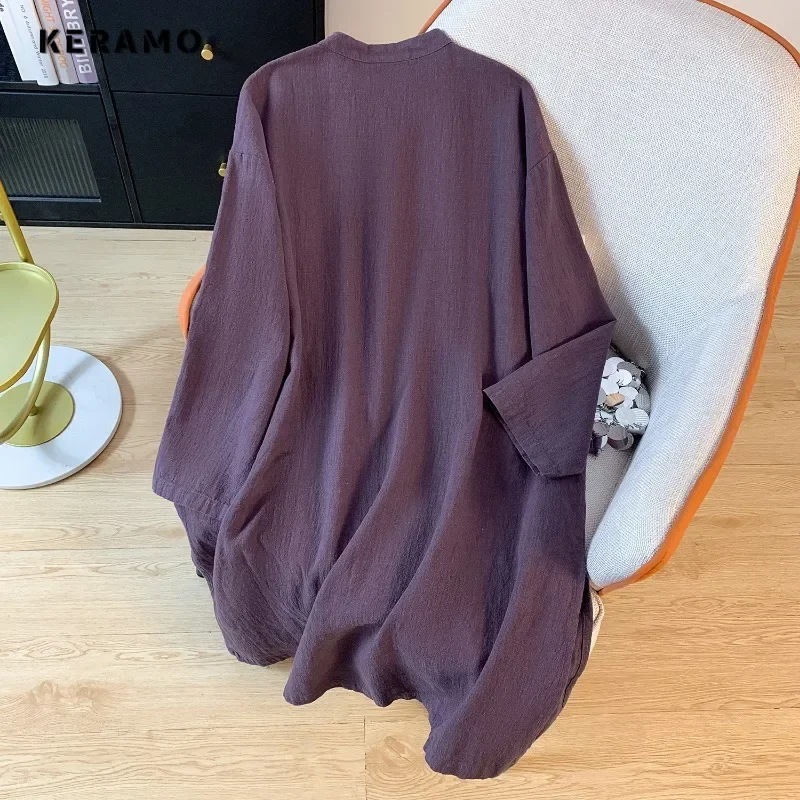 Chinese Style Elegant Stand Collar Purple Lace-up Blouses 2024 Autumn Women Vintage Solid Color Long Sleeve Chiffon Thin Shirts