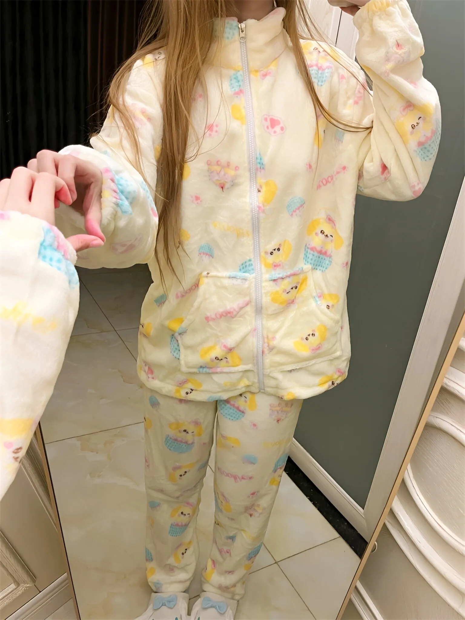 Cutecore Beige Zipper Pajamas Set Soft Fluffy Flannel Warm Christmas PJ Set Kawaii Women Winter Sleepwear Korean Y2K Nightwear