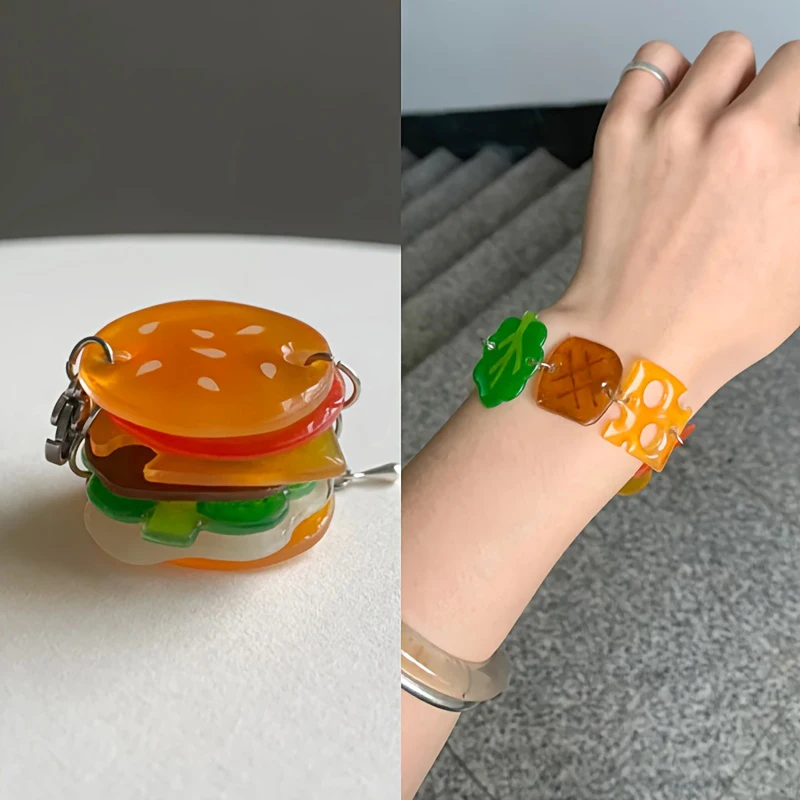 Cartoon Colorful Acrylic Hamburger Bracelet Stackable Burger Wrist Chain Hand Rope Bangle for Women Wedding Party Jewelry Gifts