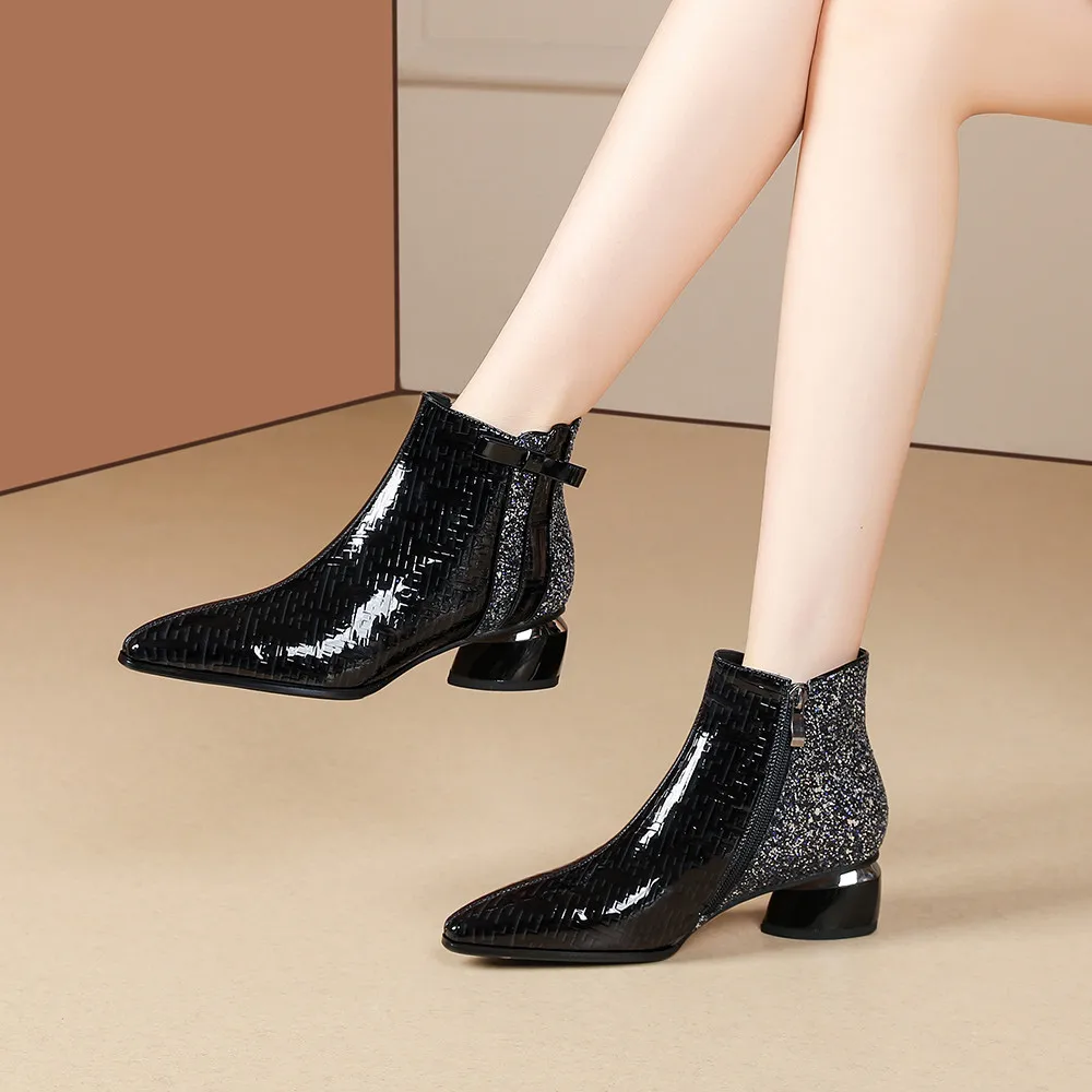 Aucegi Spring Autumn Fashion Women Pointed Toe Ankle Boots Sheepskin Splicing Sequined Cloth Thick Heels Zipper Daily Life Shoes