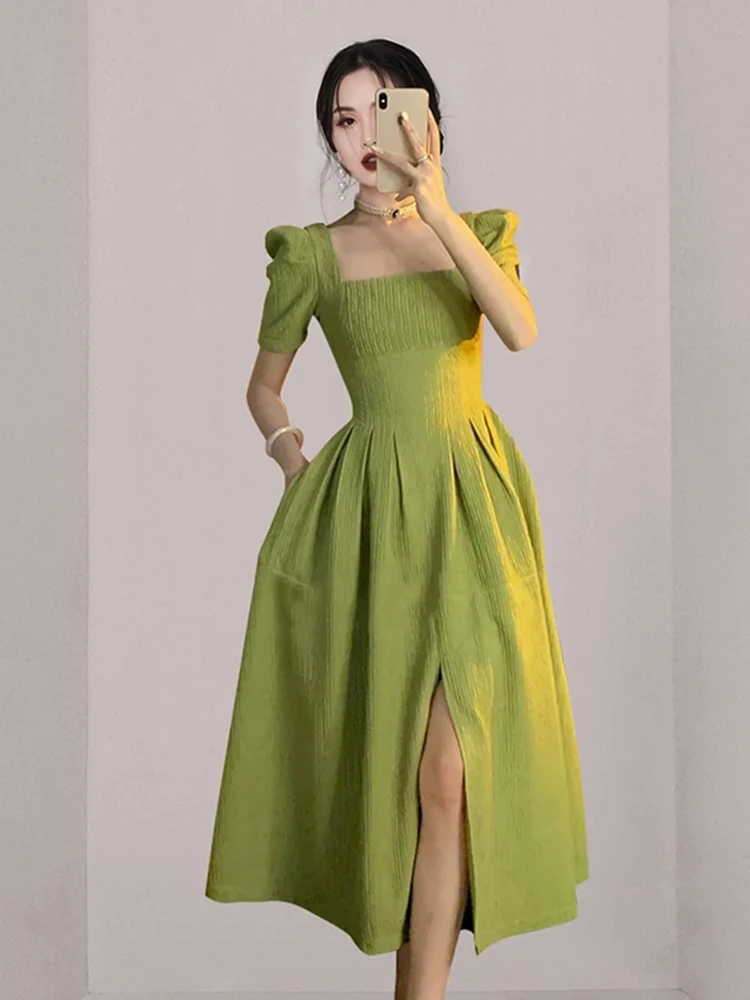 Jielur New Summer Green Puff Sleeve Elegant Square Collar Midi Dress Women Slim Waist Split One Piece Ball Gown Ladies Dresses