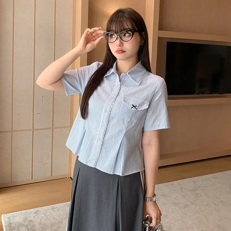 Blue Striped Lace Trim Short Sleeve Women's Shirt Casual Blouse for Summer Plus Size Waist-shaping Top