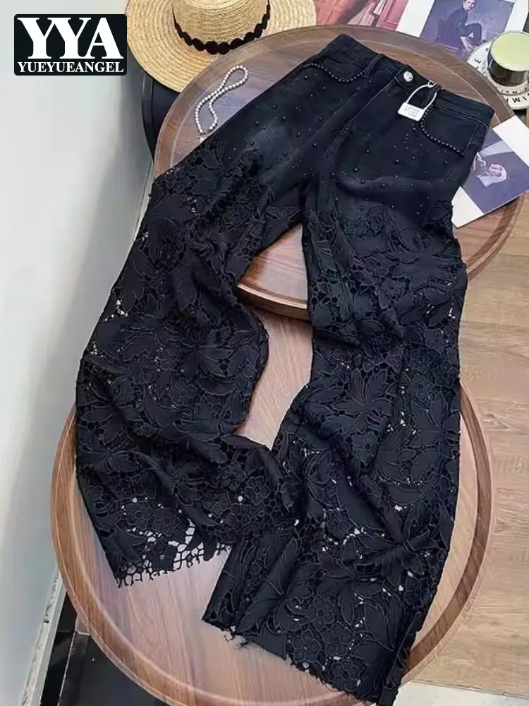 Summer Fashion Women Hollow Out Spliced Embroidery Floral Jeans High Waist Full Length Wide Leg Pant Office Lady Denim Trousers