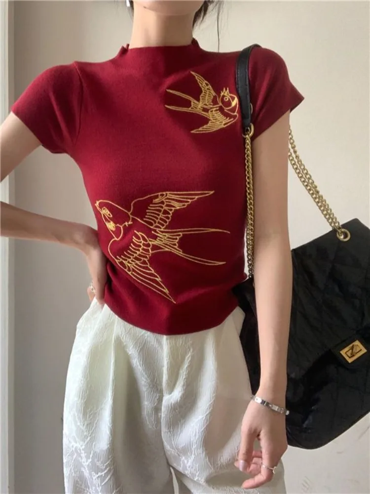 Hikigawa Chic Fashion Women Chinese Style Embroidery Short Sleeve T-Shirts Streetwear Y2k Sweet Cool Slim All Match Tops Mujer