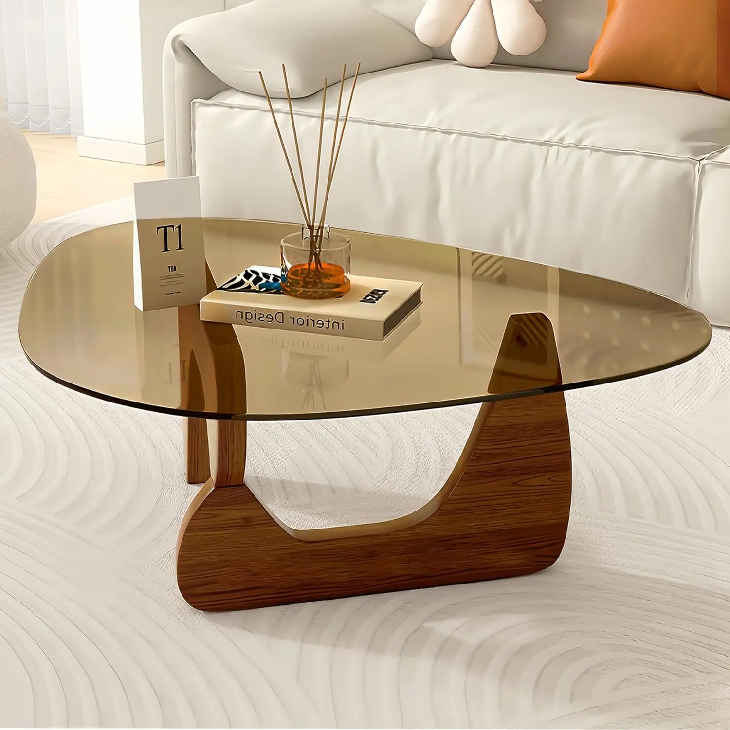 

Mid-Century Modern Small Coffee Table Tempered Glass Top Solid Walnut Base Living Room Office Customized