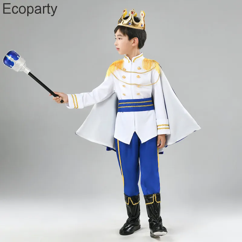 7pcs Set Kids Prince Costume Children Deluxe Medieval King Jacket With Cape Pants Crown Mace Suit Boys Halloween Party Costumes