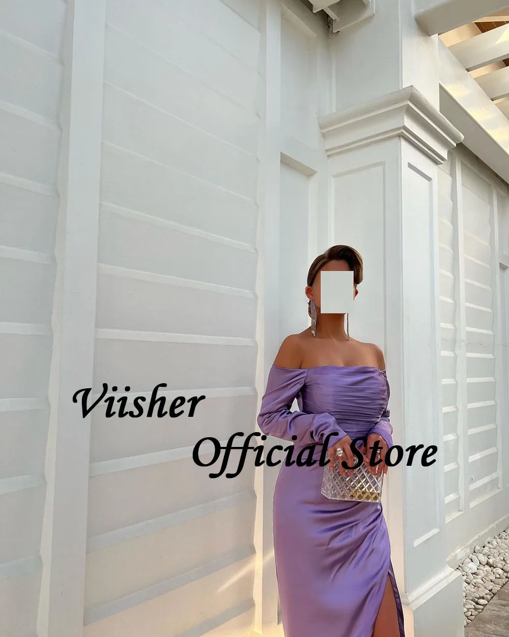 Viisher Lavender Mermaid Evening Dresses with Slit Pleats Satin Strapless 3/4 Sleeve Prom Party Dress Arabic Dubai Formal Dress