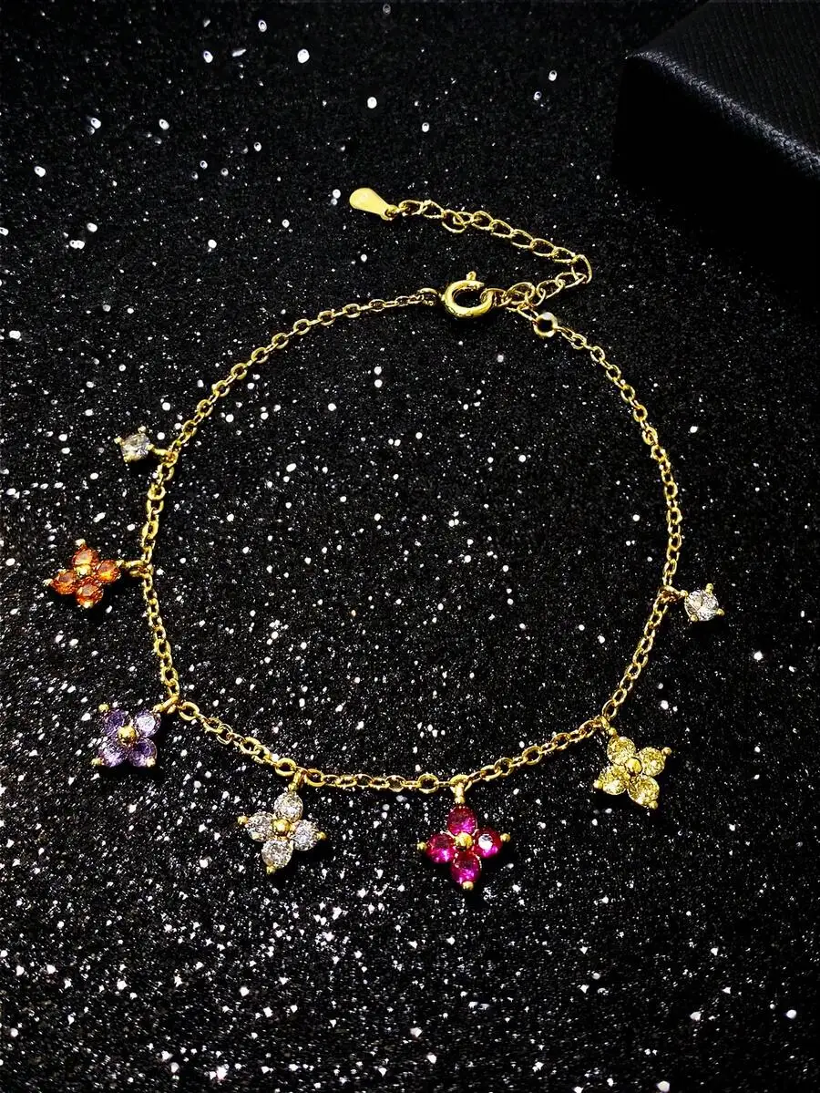 

Gold-Tone Chain Anklet With Assorted Crystal Flower Charms, Colorful Delicate Foot Jewelry For Women