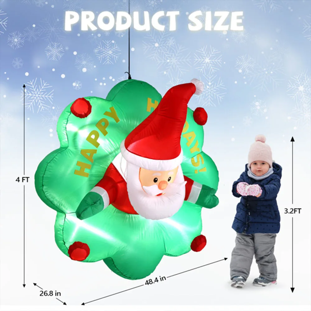 4 FT Lighted Christmas Inflatable Santa with Wreath Broke Out from Window, Large Blow Up Hanging Inflatable Decoration