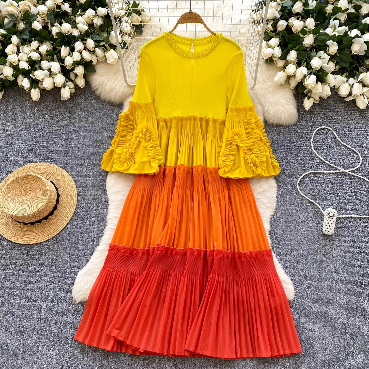 

Miyake Pleated Beaded Long Party Dress Fashion Elegant Ruffles Spliced Batwing Sleeves Loose ColorBlock Dresses 2025 Summer New