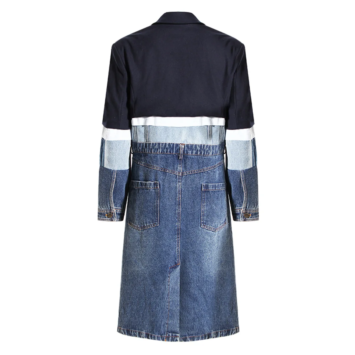 Small Niche Design Denim Trench Women In 2023 Autumn And Winter, Contrasting Color Patchwork For Women, Mid To Long Length,