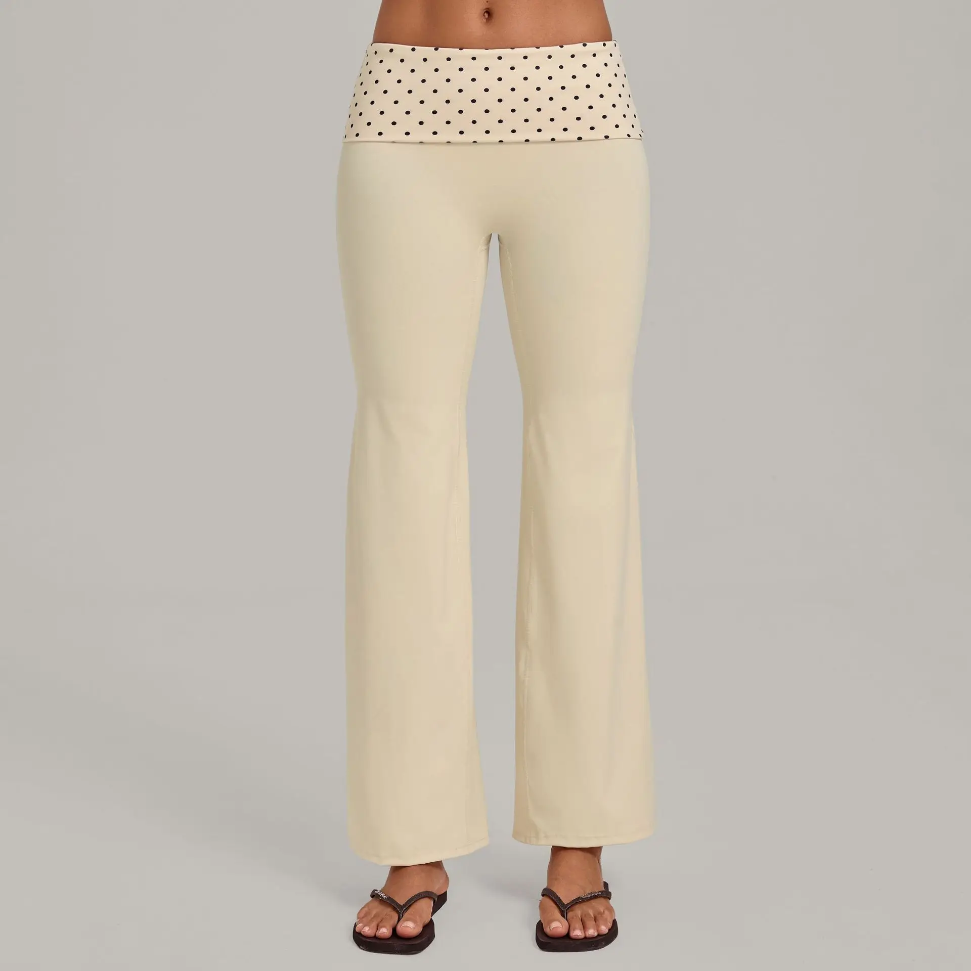 Vintage Print Straight-leg Yoga Pants Color Block Paneling Fold-over Waistband Tummy Control Women's Plus Size Workout Trousers