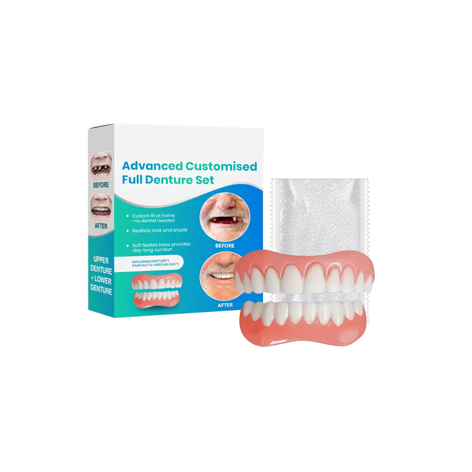 Silicone Denture Set for Upper Lower Teeth Soft Comfortable Bright White Moldable False Teeth Veneers Teeth Kit Fake Tooth Set