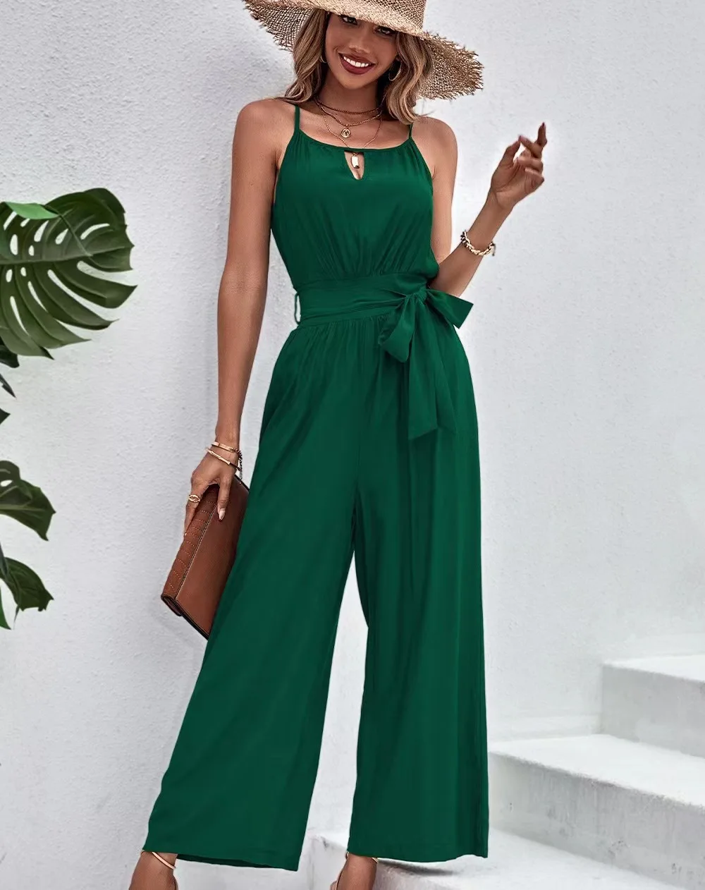 

One Piece Wide Leg Jumpsuits Solid Color Women Sleeveless Rompers Lace Up Waist Casual 2023 Summer Cross Pants Female Clothing