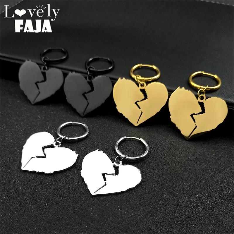 Statement Minimalist Black Color Broken Heart Pendant Hoop Earrings for Women Couple Street Style Fashion Jewelry Gift 3435BK