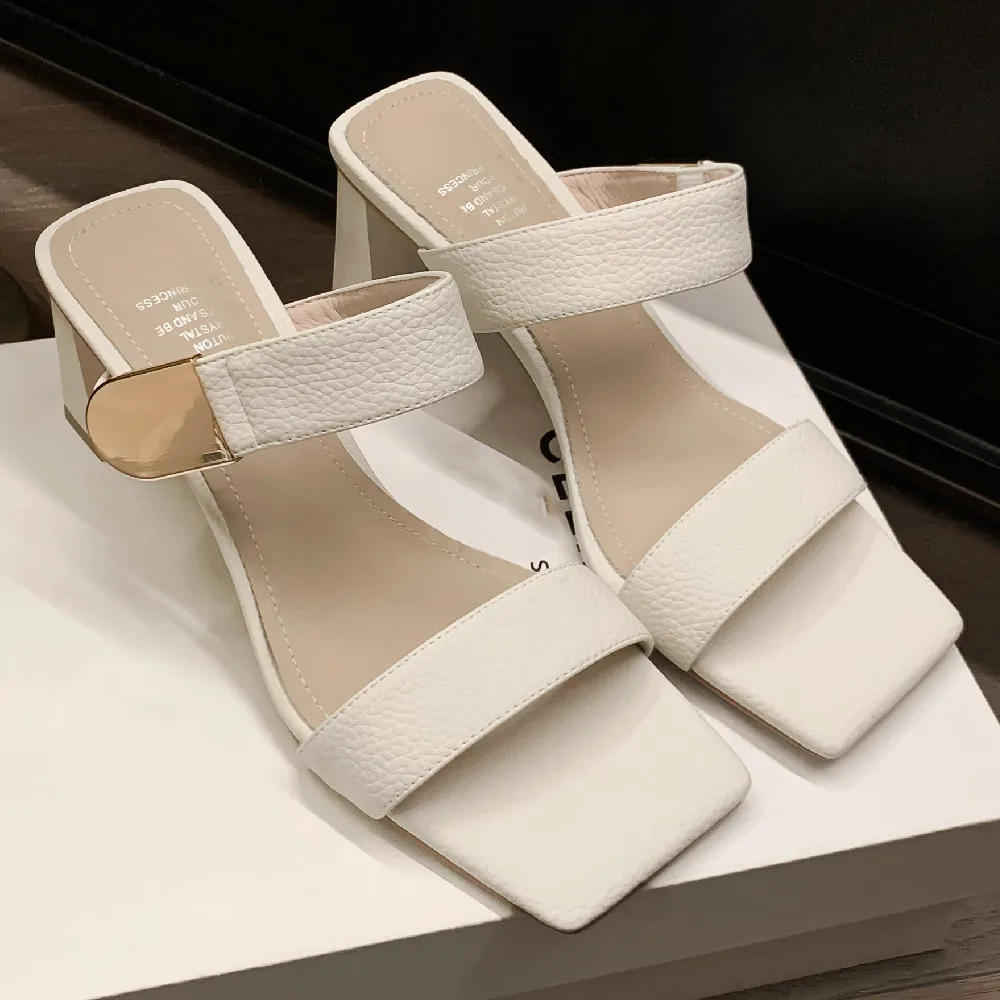 Danxuefei-zapatos de tacón alto y grueso para mujer, calzado elegante de piel de vaca con banda estrecha y Punta abierta, sin cordones, para verano