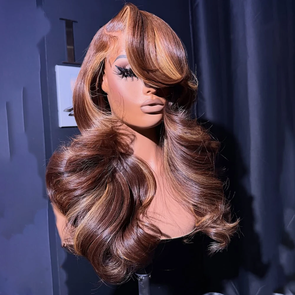 

Выделите 13x4 Кружева Фронтальная Блондинка Объемная Волна Парик Синтетический Свободный Волнистый Парик Сгунк Полосатый Средняя Часть Шоколадно-Коричневый Парик Для Косплея