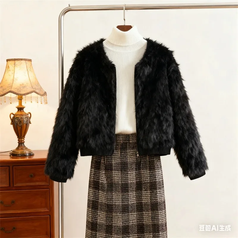 겨울 신상 패셔너블 시크 인조 모피 스탠드 칼라 숏 재킷