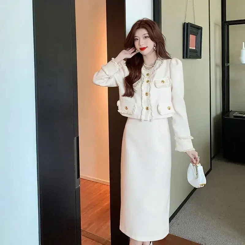 Insozkdg 2024 Autumn Women's Tweed Style Two-piece Set Spring Light Luxury Socialite Short Jacket Side Slit Skirt Two Piece Sets