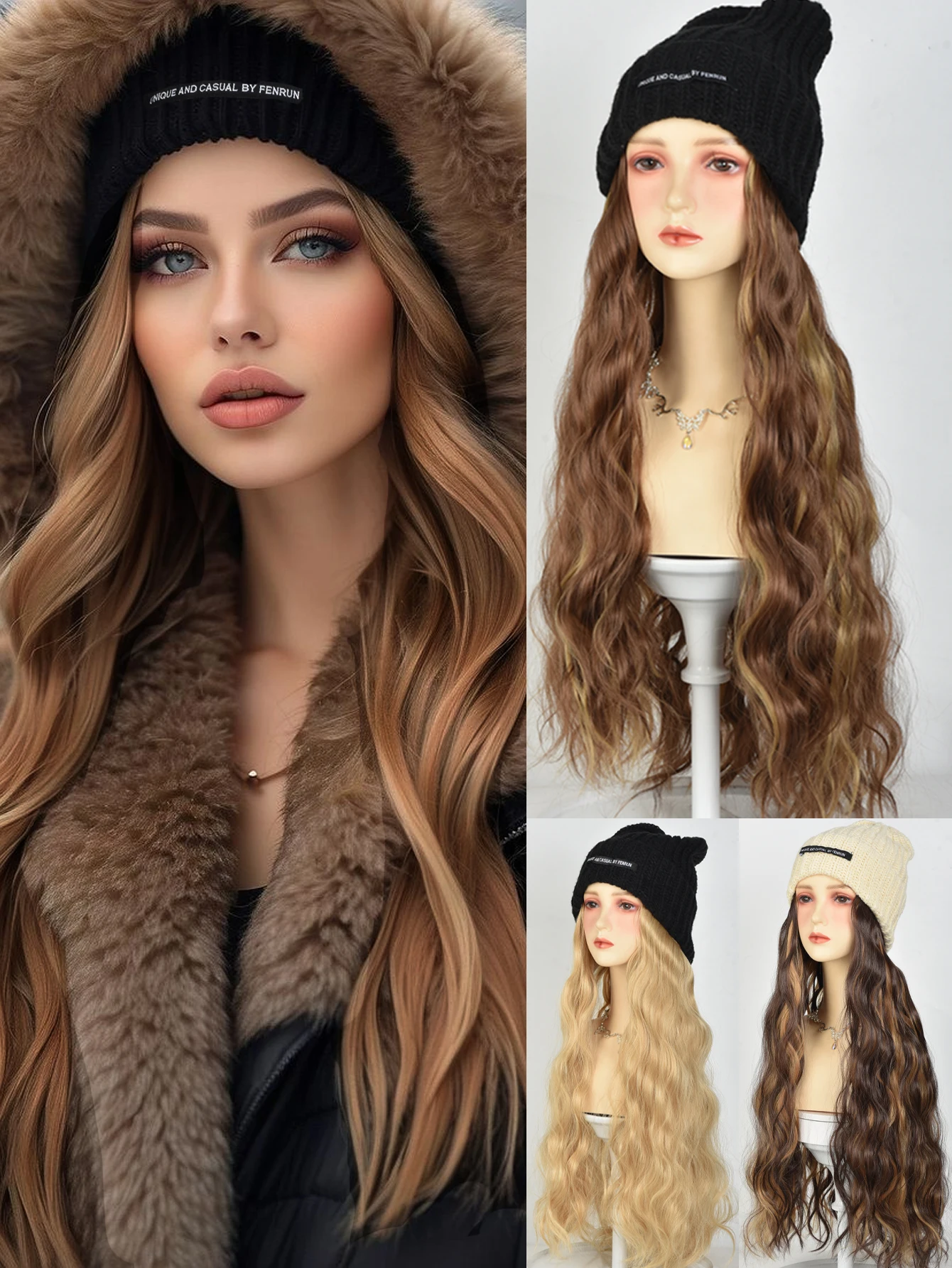 22inch Off white/Black Knitted Hat With Long Water ripple curly hair Women's synthetic wig fashionable and Warm Soft Ski Knitted