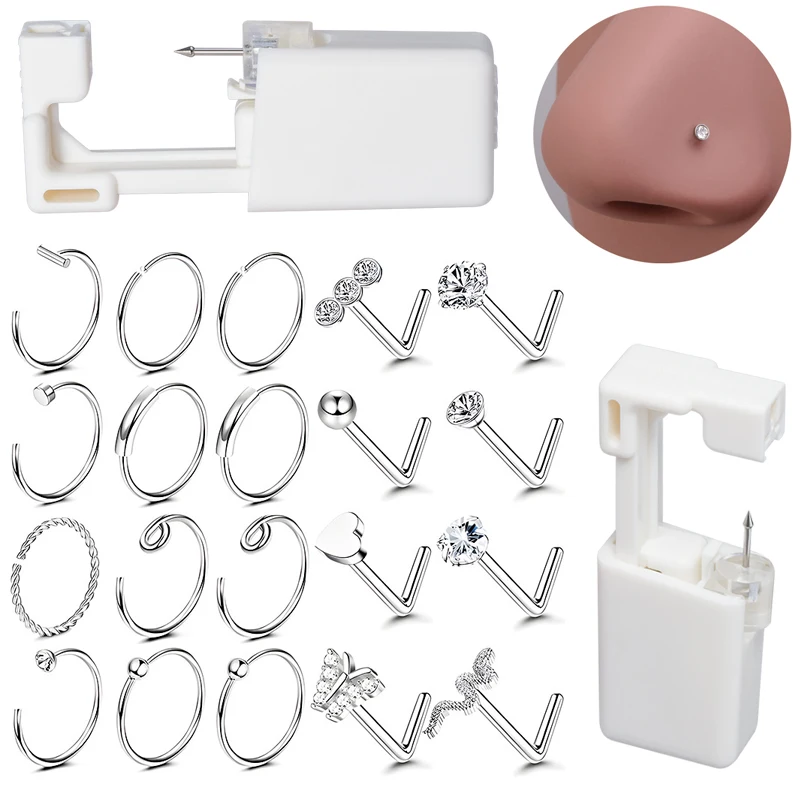 22Pcs Nose Piercing Kit Disposable Nose Piercing Gun 316L Surgical Steel Nose Rings Studs Safe Self Body Piercing Jewelry Tools