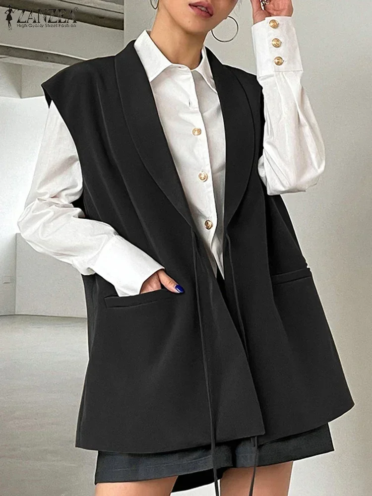 

ZANZEA Oversized Outwears 2025 Fashion Women Sleeveless Vest Fashion Lapel Collar Waistcoat Elegant Lace Up Blazer Tank Jackets