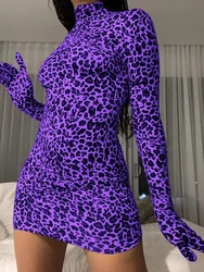 OMSJ-vestido ajustado de manga larga con estampado de leopardo para mujer, minivestido con guante, cuello alto, ropa de fiesta Vintage, Otoño, 2023