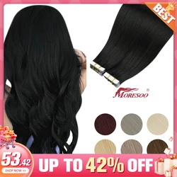 Cinta Moresoo en extensiones de cabello humano, 26 pulgadas, 28 pulgadas, pegamento en PU Natural, cabello rubio Remy, piezas negras para mujeres, cabello liso