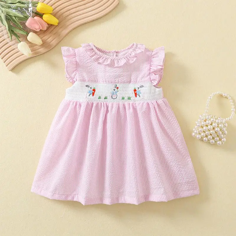 

2024 Baby Girl One-piece Dress for Summer Kids Bunny Embroidery Pink Dresses Children Smocked Printed Frock Infants Cute Outfits