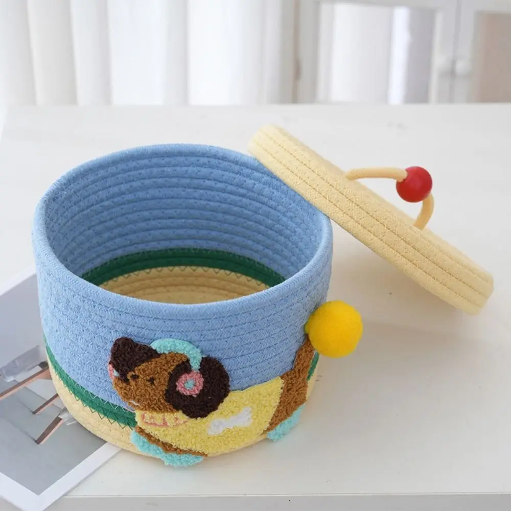 

Cartoon Cotton Rope Storage Basket Dachshund Pattern Round Snack Organizer Box with Cover Decorative Hand Woven Basket Bedroom