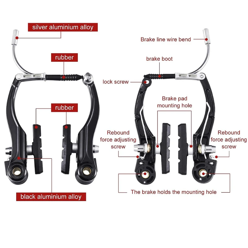 2sets Bicycle V Brake Sets Aluminum Alloy Mountain Bike V-Brake Caliper Removable Adjustable Cycling Brake Caliper Accessories