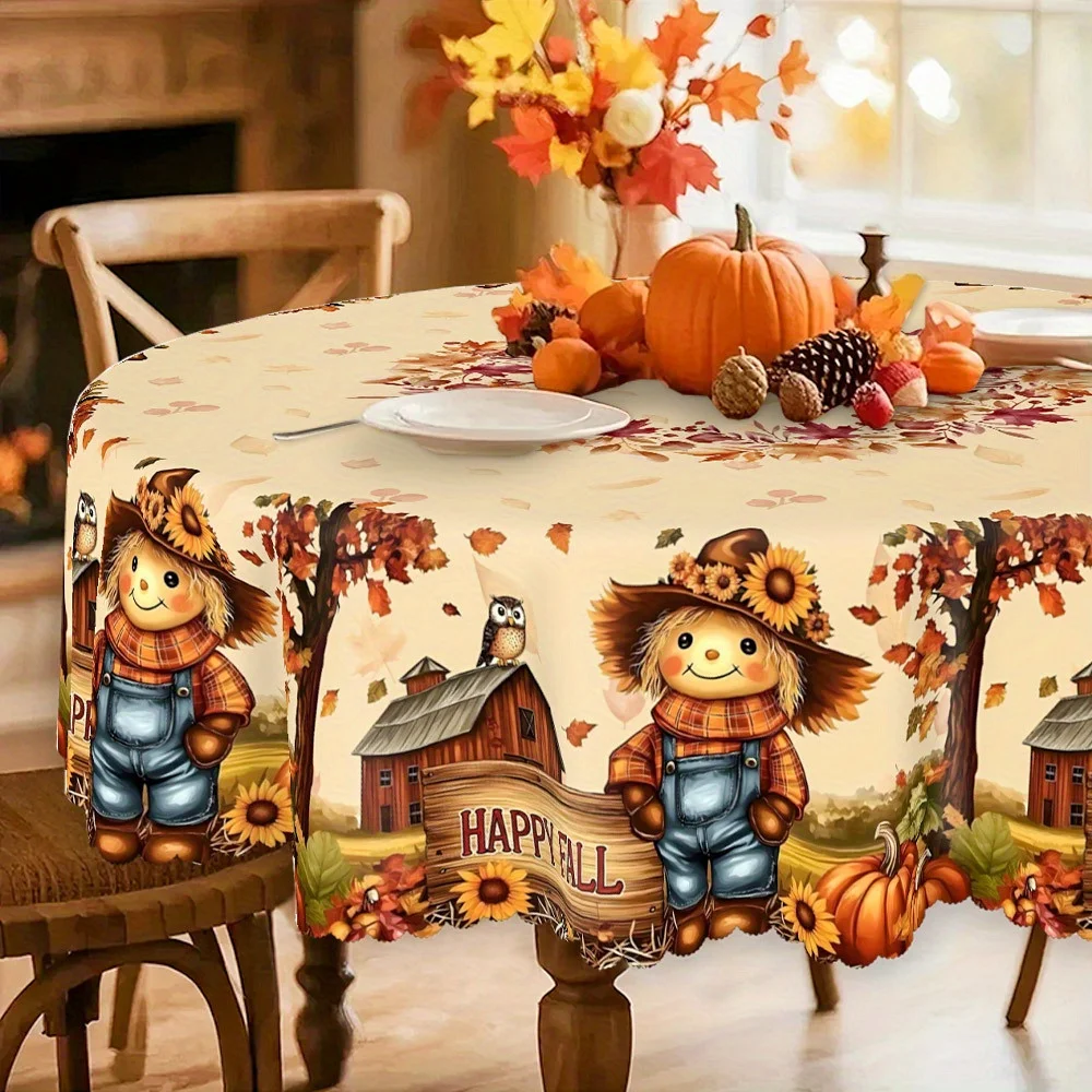In autumn, the farm tablecloth features yellow decorations, along with scarecrows, sunflowers and pumpkin patterns.