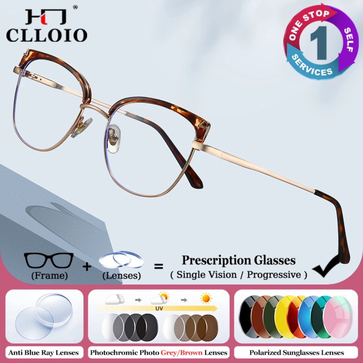 

CLLOIO Women Anti Blue Light Myopia Prescription Glasses Fashion Cat Eye Progressive Eyeware Photochromic Protection Eyeglasses