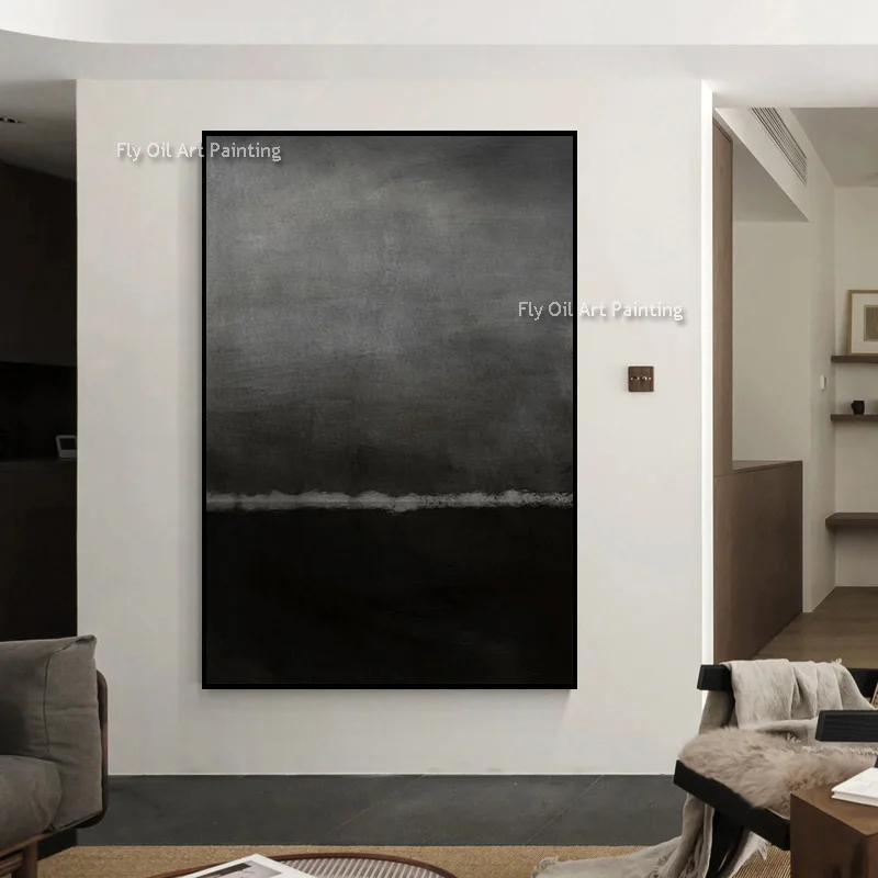 Original Hand‑Painted Mark Rothko Style Black Grey Horizon Canvas Oil Painting, Wabi‑Sabi Heavy Textured Large Vertical Wall Art